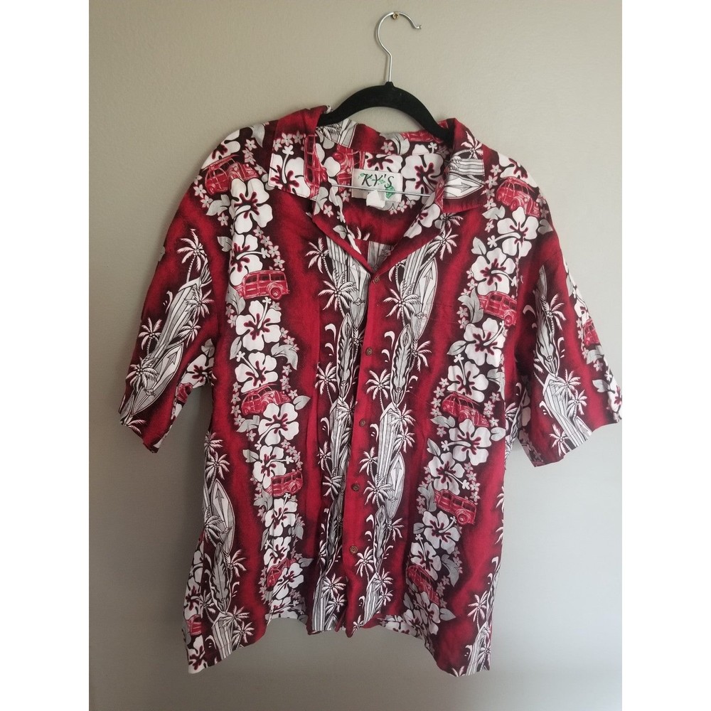 Vintage 90s Ky's Hawaiian shirt wagon longboard floral button down red white L